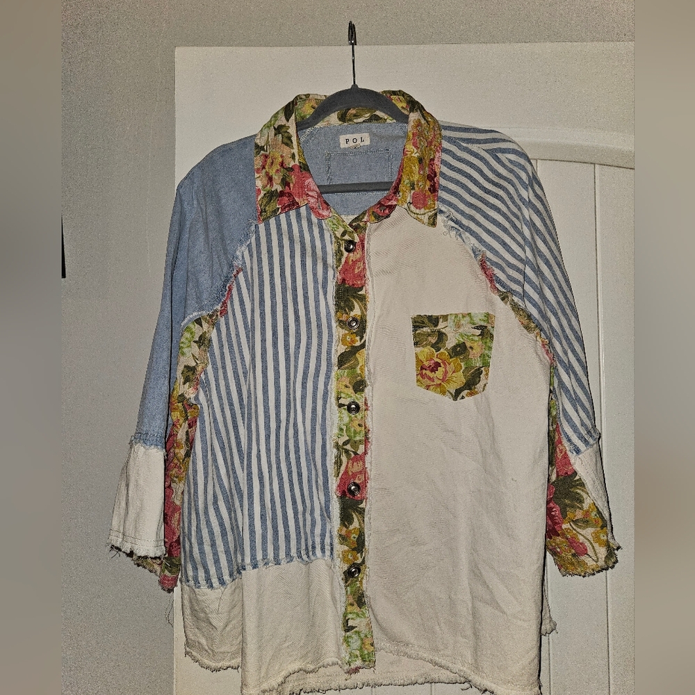 Pol All That And More Chambray Multi Pattern Oversized Front Button Front Shirt - Picture 2 of 7